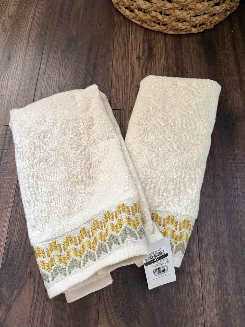 Threshold Cream Decorative Hand Towels with Mustard & green Chevron Trim 2 piece
